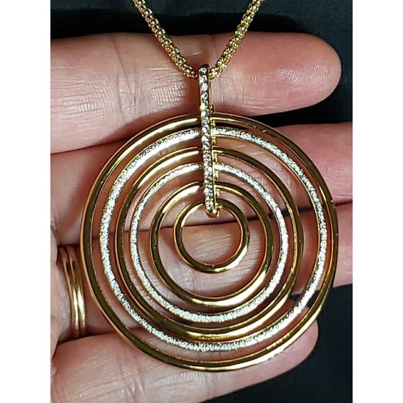 Two Tone Concentric Circles Pendant Chain Necklace Rhinestone Silver & Gold Tone - Picture 5 of 9